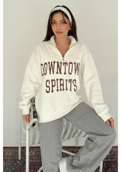 Noa & Noa Kadın Fermuarlı Baskılı Sweatshirt Downtown Energy Beyaz