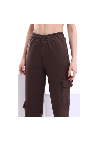 Winmoda34 Kadın Jogger Kalın 3 Iplik Yandan Cepli Kargo Eşofman Altı Kahverengi