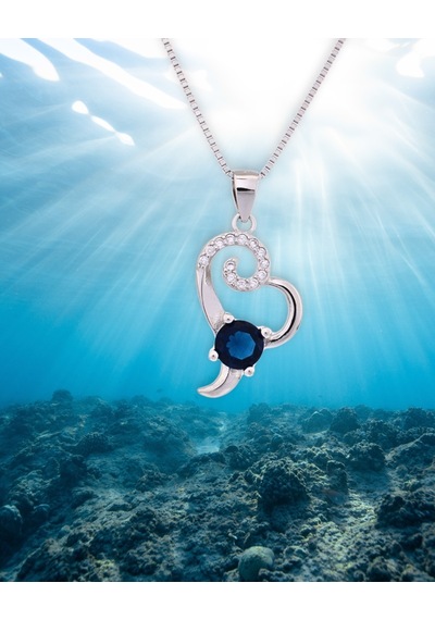 Brezza Lusso Jewelry Diamond Serisi Safir Tektaş Okyanus Kalbi Stylish Gümüş Kadın Kolye 45 CM 45 CM