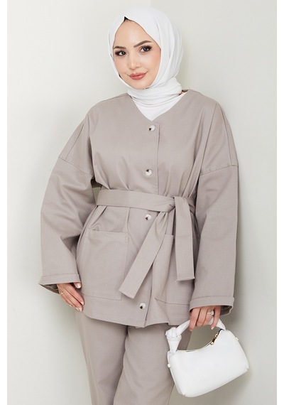 Bestenur Kemerli Ceket Pantolon Gabardin Takım 1557 - Taş Taş