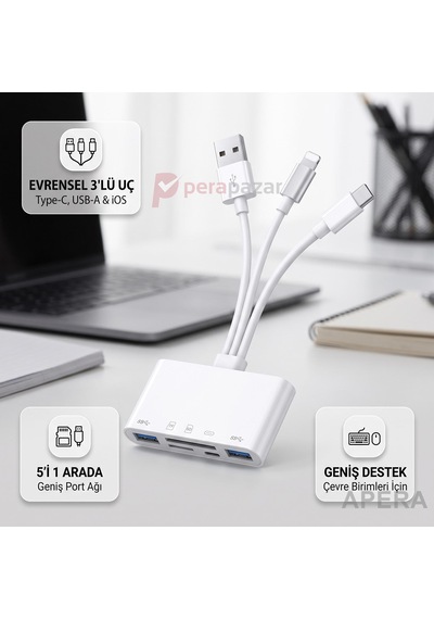 3in1 Type-c Usb Lightning Sd Micro Kart Okuyucu Otg Adaptör - Aynı Anda Tek Uç Aktif - Veri Aktarımı Cr94