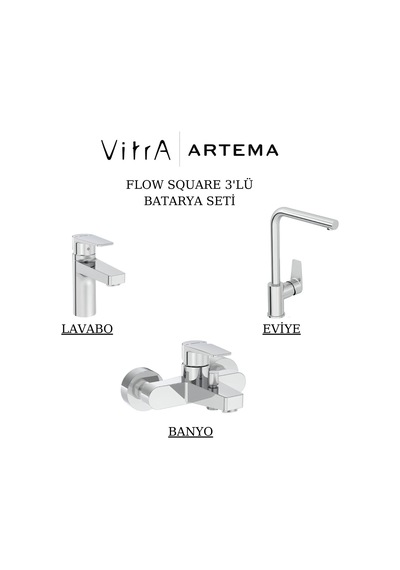 Artema Flow Square Krom Lavabo Banyo Eviye Bataryası 3'lü Set A43044-A43063-A43396 Krom