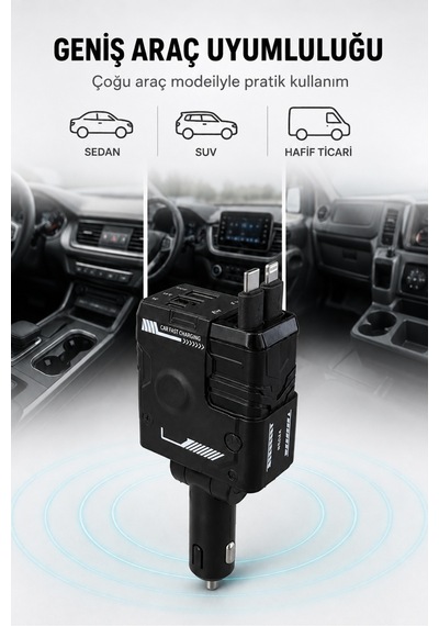 Süper Hızlı Araç Şarjı - Usb Type-c Çıkışlı Voltaj Göstergeli Geri Çekilebilir Kablolu Araç Şarj Cihazı
