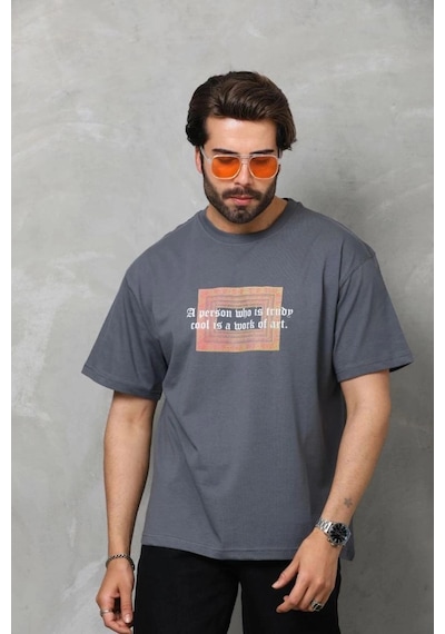 Freedom Storee Erkek Baskılı T-shirt Kısa Kol Bisiklet Yaka Regular Fit Rahat Kalıp Tişört - Füme Çok Renkli