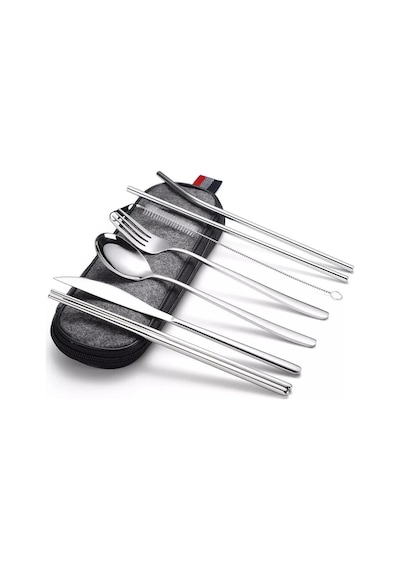 Valkyrie 8 Parça Çantalı Yolculuk Çatal Bıçak Kaşık Pipet Chopstick Seti Kamp Okul Ofis Tatil Paslanmaz Çelik Metal Metalik