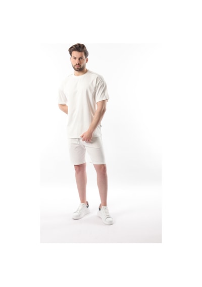 Madmext Ekru Overfit Baskılı Erkek Şort T-shirt Takım E7302 Ekru