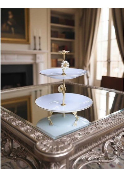 Çnr Home Collection Metal Ayakli Yaldizli Katli Porselen Sunumluk Kurabiyelik Şekerlik Beyaz
