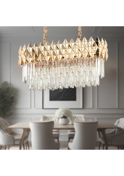 Rodya 80'lik Sıralı Gold Kristal Taşlı Modern Yemek Odası Salon Sarkıt Avize Sarı