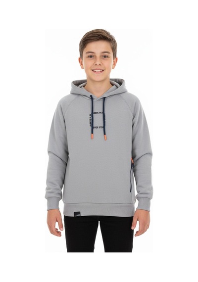 Kapüşonlu Fermuarlı Cepli Erkek Çocuk Sweatshirt-90915 Gri