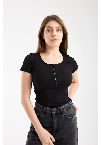 Hdm Kadın Esnek Fitilli Yakası Çıtçıtlı Siyah Kısa Kol Basic Örme Bluz - H5993-54 Siyah