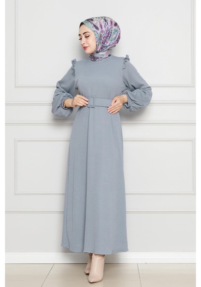 Sevitli Omuzu Fırfır Kemerli Elbise-gri-4562 Gri