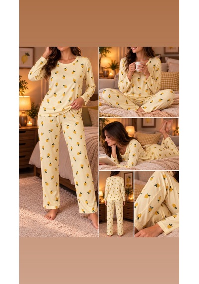 Lila İç Giyim Kadın Süet Limon Desenli Uzun Kollu Pijama Takımı Rahat Kesim Ev Giyim Seti Sarı Lila İç Giyim Kadın Süet Limon Desenli Uzun Kollu Pijama Takımı Rahat Kesim Ev Giyim Seti Sarı