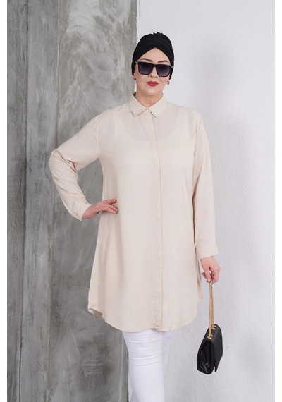 Polologin Butik Açık Bej Klasik Gömlek Tunik Bej