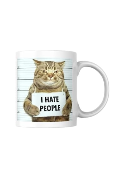 Kedili Kupa Bardak Komik Yazılı I Hate People Hediyelik Kahve Çay Kupası Açık Ahşap