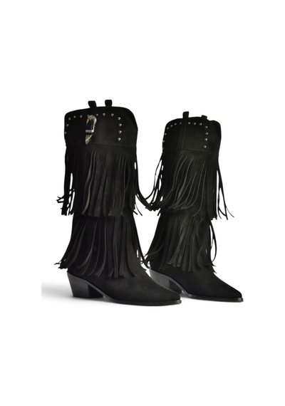 Fox Shoes Z726107102 Siyah Süet Kalın Topuklu Püsküllü Kadın Çizme