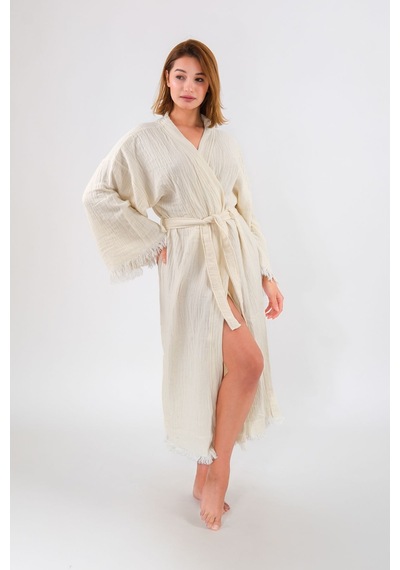 Befera Müslin Kimono Pamuklu Fatma Ana Eli Baskılı Desenli Bornoz Kaftan Sabahlık Ekru
