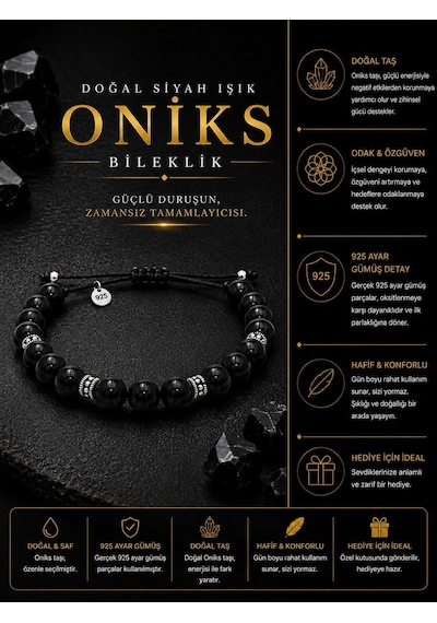 Safir Jewellery Oniks Doğal Taşlı 8mm - 925 Ayar Gümüş Süslemeli Makrome Örgülü İpli Erkek Bileklik – Hediye Kutulu