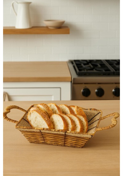 Didörtgen Hasır Ekmek Sepeti-26 Cm X 20 Cm X 7 Cm Beyaz - Kahverengi