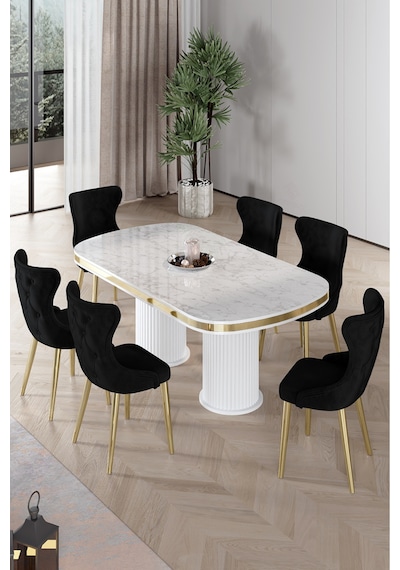 Canisa Galya Serisi Lak Panel 90x168 Sabit Beyaz Mermer Desen Mutfak Masa Takımı 6 Siyah Sandalye Beyaz Mermer Desen Masa Siyah Sandalye Gold Ayak Canisa Galya Serisi Lak Panel 90x168 Sabit Beyaz Mermer Desen Mutfak Masa Takımı 6 Siyah Sandalye Beyaz Mermer Desen Masa Siyah Sandalye Gold Ayak