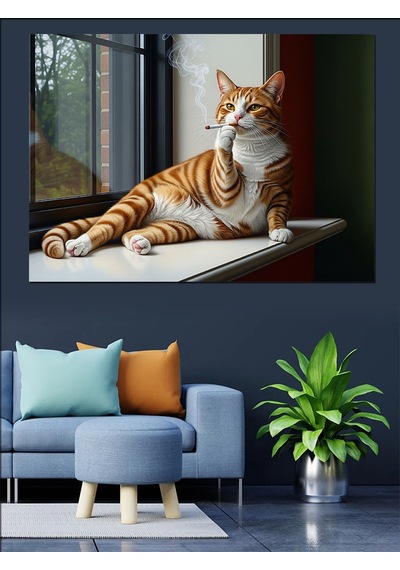 Kedi Güneşli Pencere Kenarı Dekoratif Kanvas - Mdf Ahşap Tablo