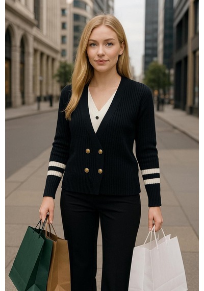 Hira Life Fashion Kadın Gold Düğmeli V Yaka Fitili Kolu Şerit Detaylı Kazak-hırka Siyah Siyah Hira Life Fashion Kadın Gold Düğmeli V Yaka Fitili Kolu Şerit Detaylı Kazak-hırka Siyah Siyah