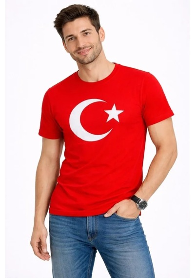 Suma Erkek T-shirt Kısa Kol Bisiklet Yaka Ay Yıldız Bayrak Baskılı Tişört - Kırmızı