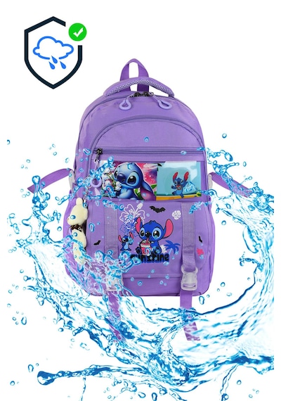 Stitch Baskılı Ortopedik Aksesuarlı Anahtarlıklı Okul Çantası Termal Beslenme Ve Kalemlikli Set Mor