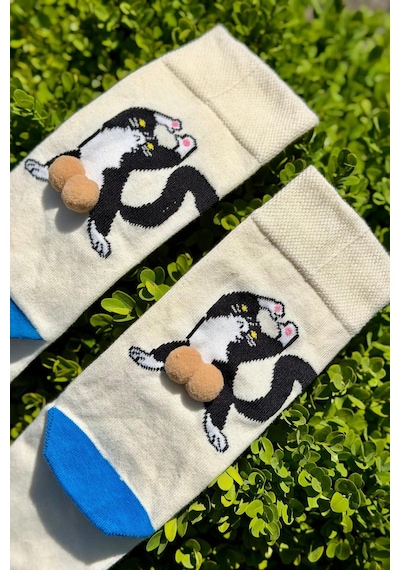 Lousocks Unisex Bej Sırtı Dönük Kedi Desenli Ponpon Soket Çorap