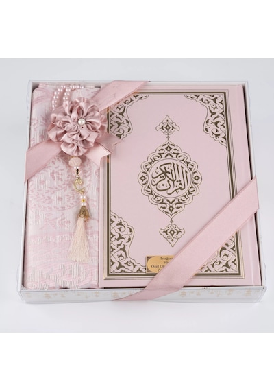 Kuran + Seccade + Tesbih Hediye Seti Hafız Boy, Ekonomik Cilt, Desenli Kutu, Pembe