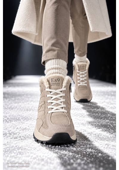 Muggo Nortex Kürklü Fermuarlı Kalın Taban Bağcıklı Kışlık Kadın Sneaker Bot Bej