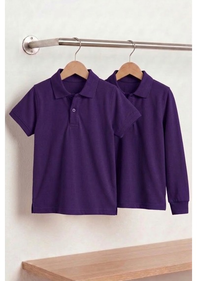 Nacar Store Unisex Çocuk Uzun Ve Kısa Kollu Polo Yaka Okul Tişörtü 2'li Set Mor