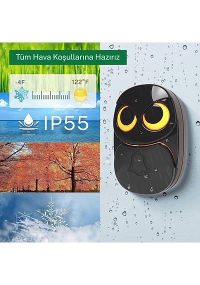Techtic Kablosuz 2alıcı 1buton Kapı Zili Işıklı Baykuş 35 Melodi