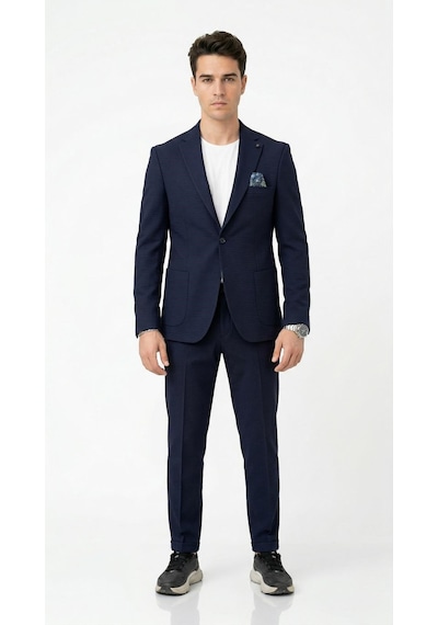 Erkek Yazlık Dokulu Kumaş Tek Düğme Ceketli Jogger Pantolonlu Takım Elbise Slim Fit Spor Şık Kombin Lacivert