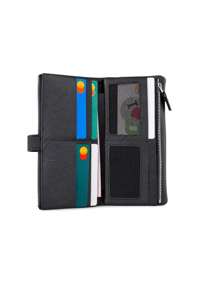 Alphaclub Bag Unisex Hakiki Deri Siyah Renk Fermuarlı Çok Bölmeli Uzun Cüzdan