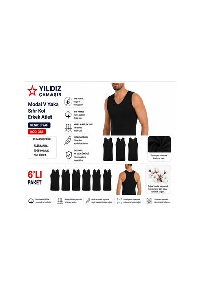 Yıldız Çamaşır Erkek Modal V Yaka Sıfır Kol Likralı Fanila Atlet 380-381 - 6 Adet Siyah