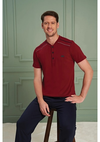 Over Sleep By Poleren Erkek Pijama Takımı Kısa Kol Düğmeli Yaka Bordo