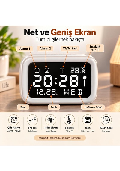 Dijital Alarm Saat, Çift Alarmlı Masa Saati, Snooze, Ds-5801 Diğer