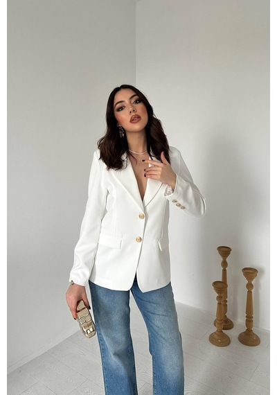 Cemo Kadın Klasik Yaka Gold Düğme Detaylı Blazer Ceket Ekru