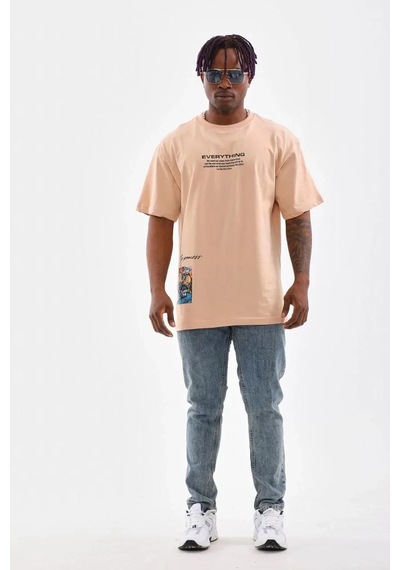 Erkek Bisiklet Yaka Baskılı Oversize T-shirt - Bej Bej