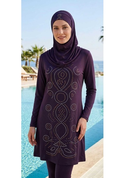 Lazella Uzun Kol Tam Kapalı Taşlı Tesettür Mayo Mor - 9026402851249 Koyu Mor