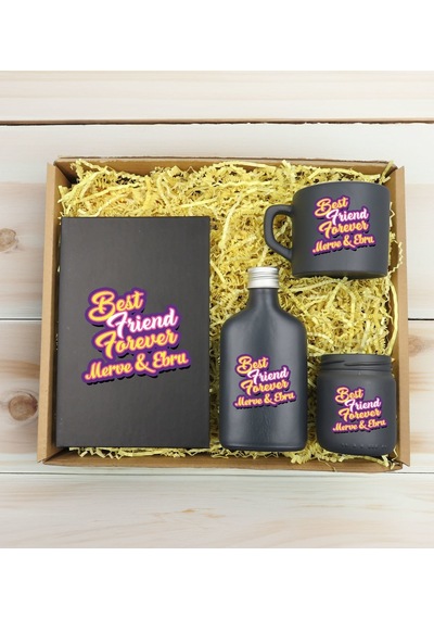Bk Gift Kişiye Özel İsimli Dtf Best Friend Temalı Antrasit Defter & Kahve Fincanı & Kolonya & Mum Hediye Seti-3, Arkadaşa Hediye, Doğum Günü Hediyesi