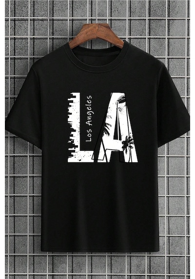 Unisex Los Angles Baskılı Tasarım Tshirt Siyah