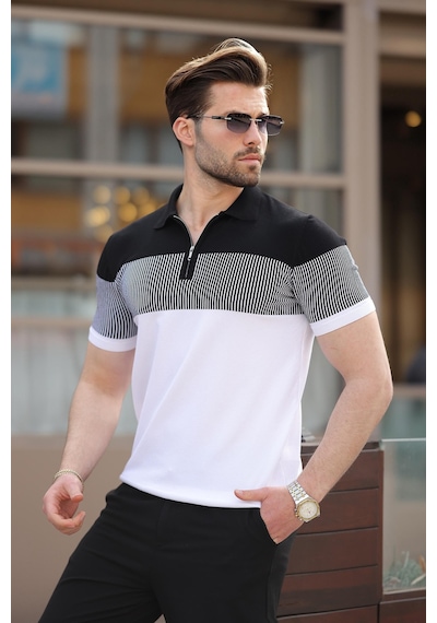Madmext Beyaz Renk Bloklu Polo Yaka Triko Erkek T-shirt E7409 Beyaz
