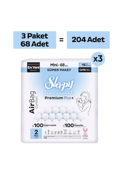 Sleepy Bio Natural Premium Plus Airbag Comfort Mega Paket Bebek Bezi 2 Numara Mini 204 Adet