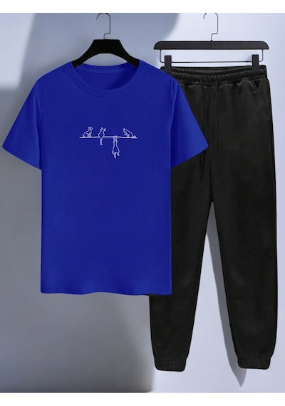 Uyguntarz Unisex Yaramazlık Yapan Kediler Tasarım Basklı Tshirt Eşofman Takımı Mavi
