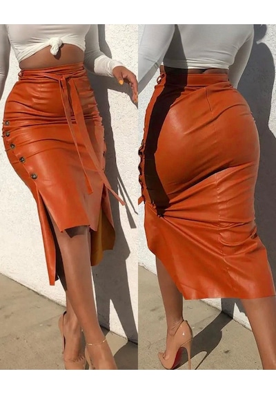 Moderie Butik Kadın Yüksek Bel Kuşaklı Yanlardan Düğmeli Mini Deri Etek Turuncu