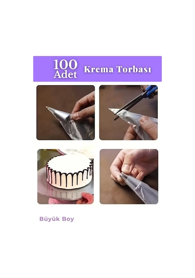 100'lü Krema Torbası Kullan At Şanti Sıkma Torbası Büyük Boy Süsleme Torbası Krema Duyu Torbası Beyaz