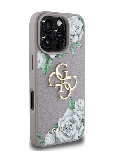 Apple Uyumlu iPhone 16 Pro Max Kılıf Guess Lisanslı Beyaz Gül Baskılı Büyük 4g Metal Logolu Kapak Lavanta Gri