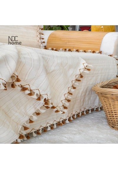 Dnc Home Tekstil Ndchome Buldan Dokuması Keten Ponponlu Koltuk Örtüsü 170 x 220