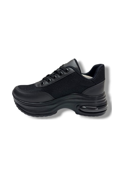 Modalendo 1511-26 Cilt Deri Simli Şeritli Anatomik Bağcıklı Kadın Sneaker Siyah